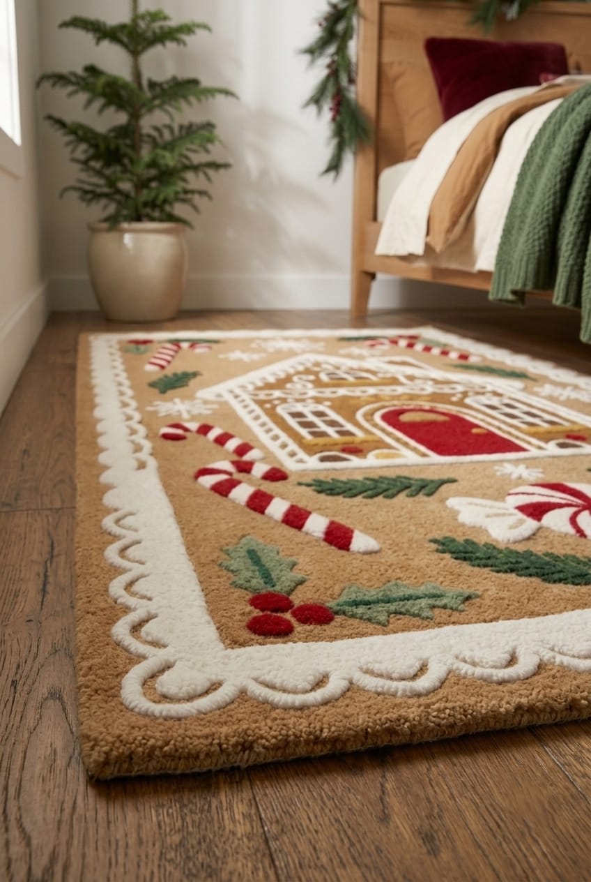 Hand-Tufted Wool Gingerbread House Christmas Rug - Festive Brown/Red Candy Cane Indian Artisan Home Decor Carpet