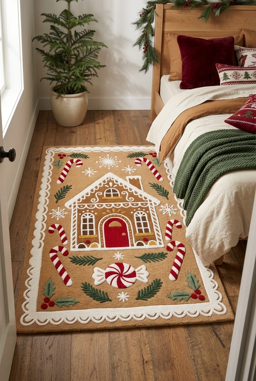 Hand-Tufted Wool Gingerbread House Christmas Rug - Festive Brown/Red Candy Cane Indian Artisan Home Decor Carpet