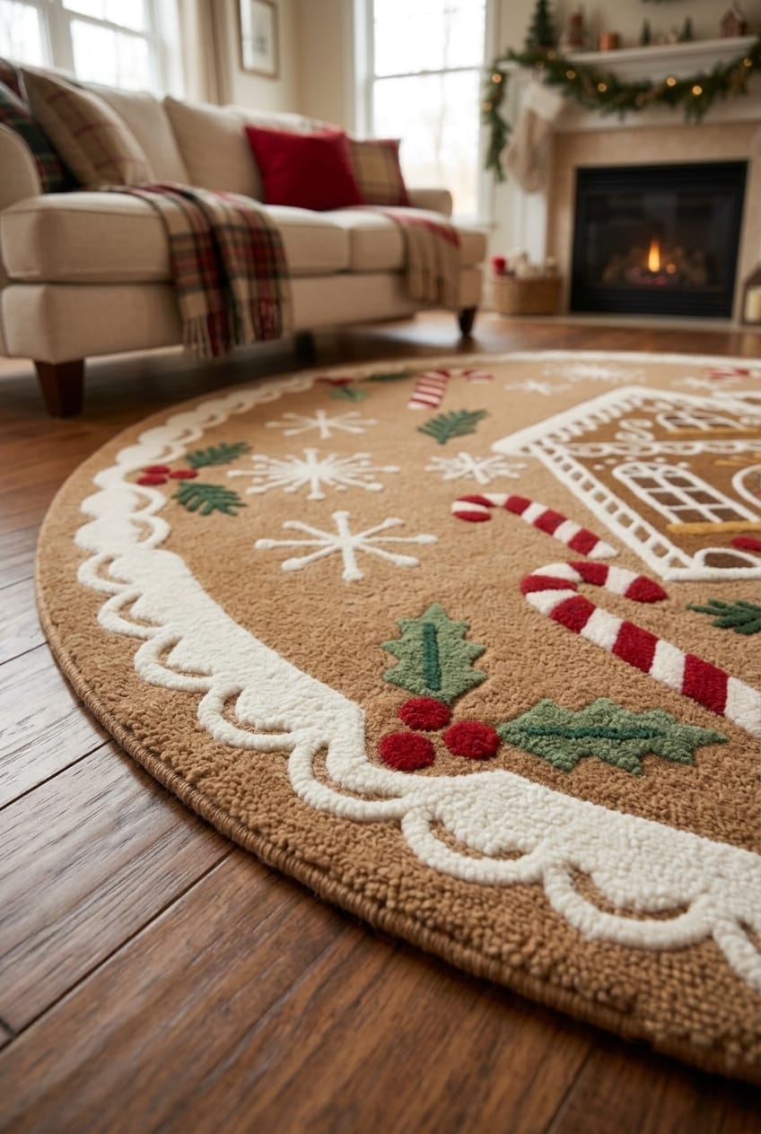 Hand-Tufted Wool Gingerbread House Christmas Rug - Festive Brown/Red Candy Cane Indian Artisan Home Decor Carpet