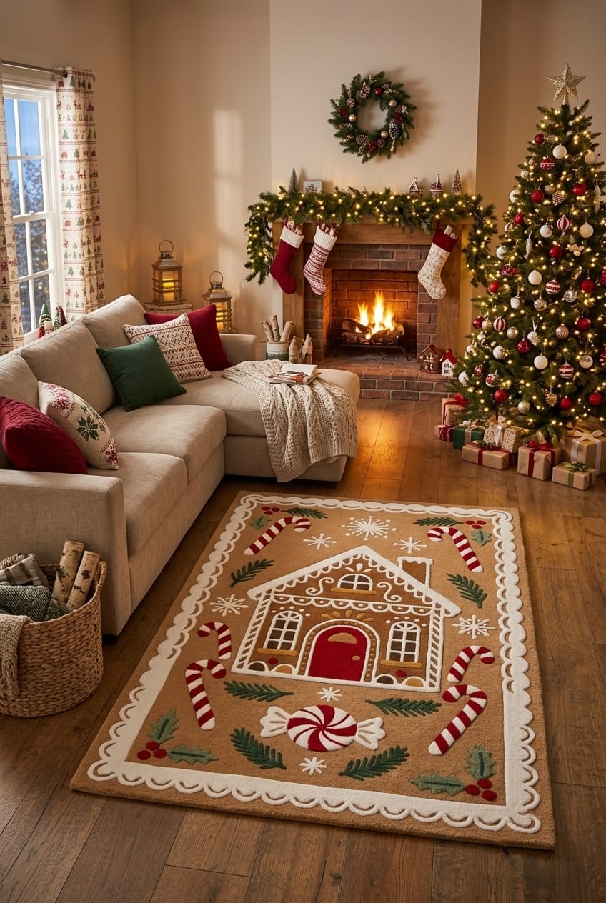 Hand-Tufted Wool Gingerbread House Christmas Rug - Festive Brown/Red Candy Cane Indian Artisan Home Decor Carpet