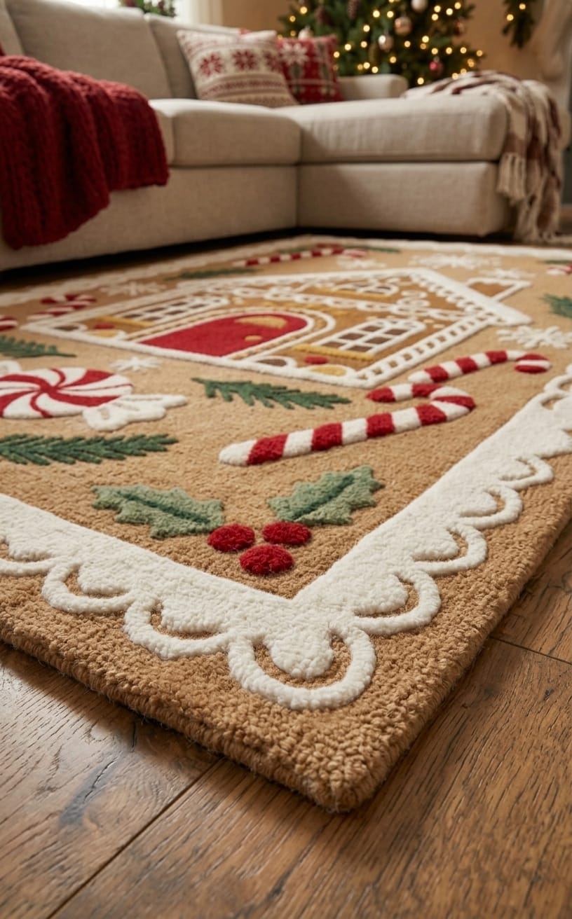 Hand-Tufted Wool Gingerbread House Christmas Rug - Festive Brown/Red Candy Cane Indian Artisan Home Decor Carpet