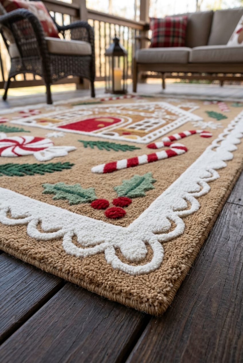 Hand-Tufted Wool Gingerbread House Christmas Rug - Festive Brown/Red Candy Cane Indian Artisan Home Decor Carpet