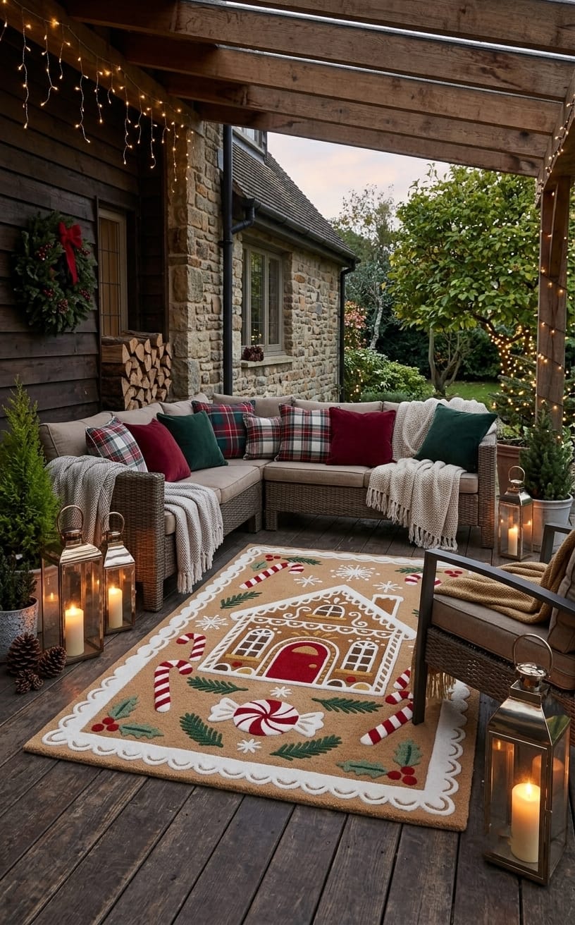 Hand-Tufted Wool Gingerbread House Christmas Rug - Festive Brown/Red Candy Cane Indian Artisan Home Decor Carpet