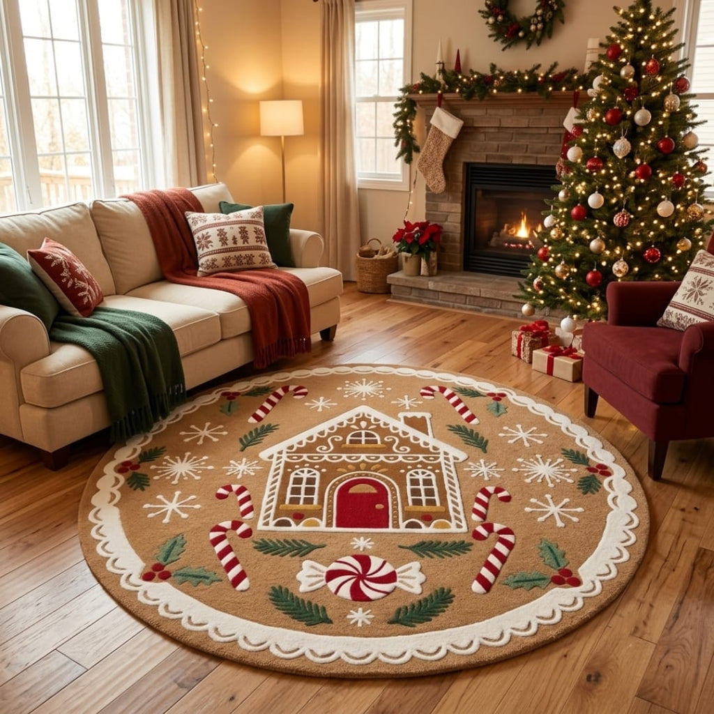 Hand-Tufted Wool Gingerbread House Christmas Rug - Festive Brown/Red Candy Cane Indian Artisan Home Decor Carpet