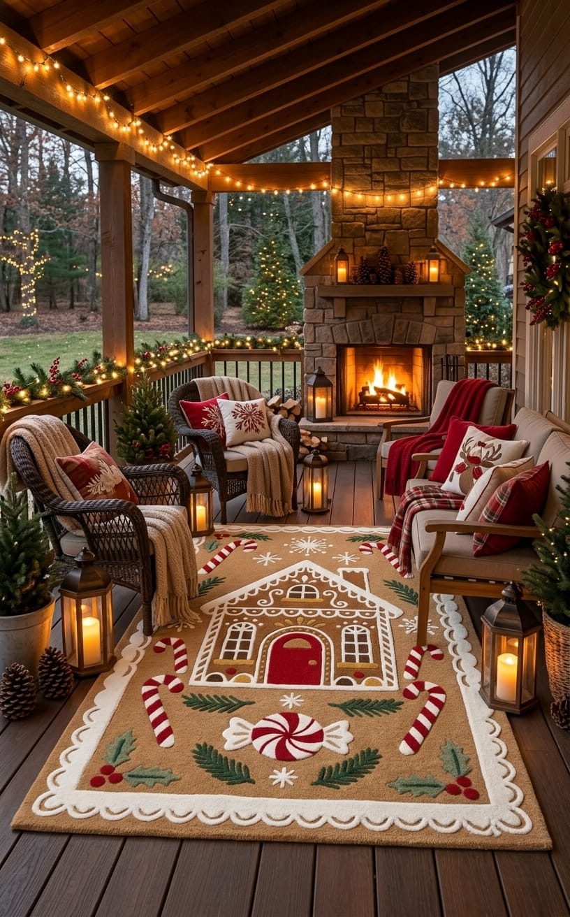 Hand-Tufted Wool Gingerbread House Christmas Rug - Festive Brown/Red Candy Cane Indian Artisan Home Decor Carpet