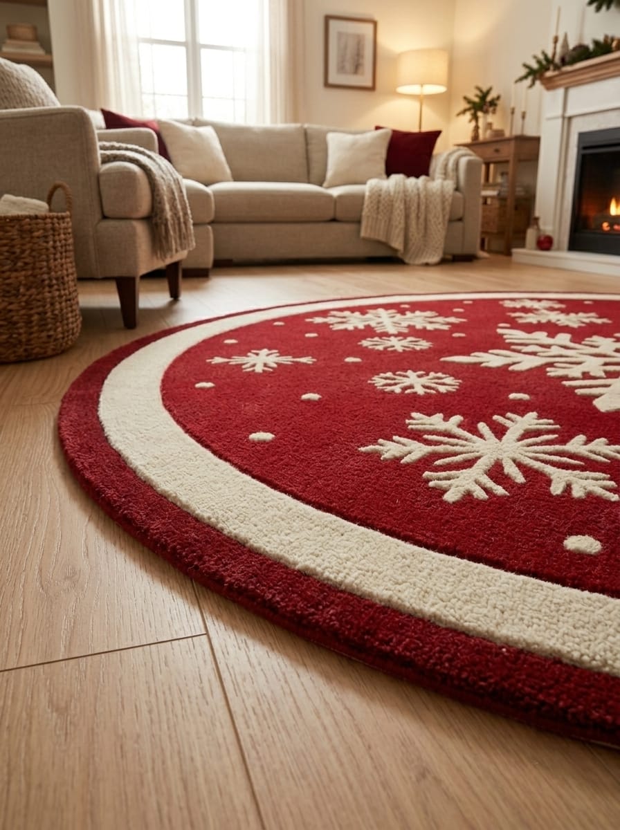 Hand-Tufted Wool Falling Snowflakes Rug - Festive Red & Cream Holiday Area Carpet