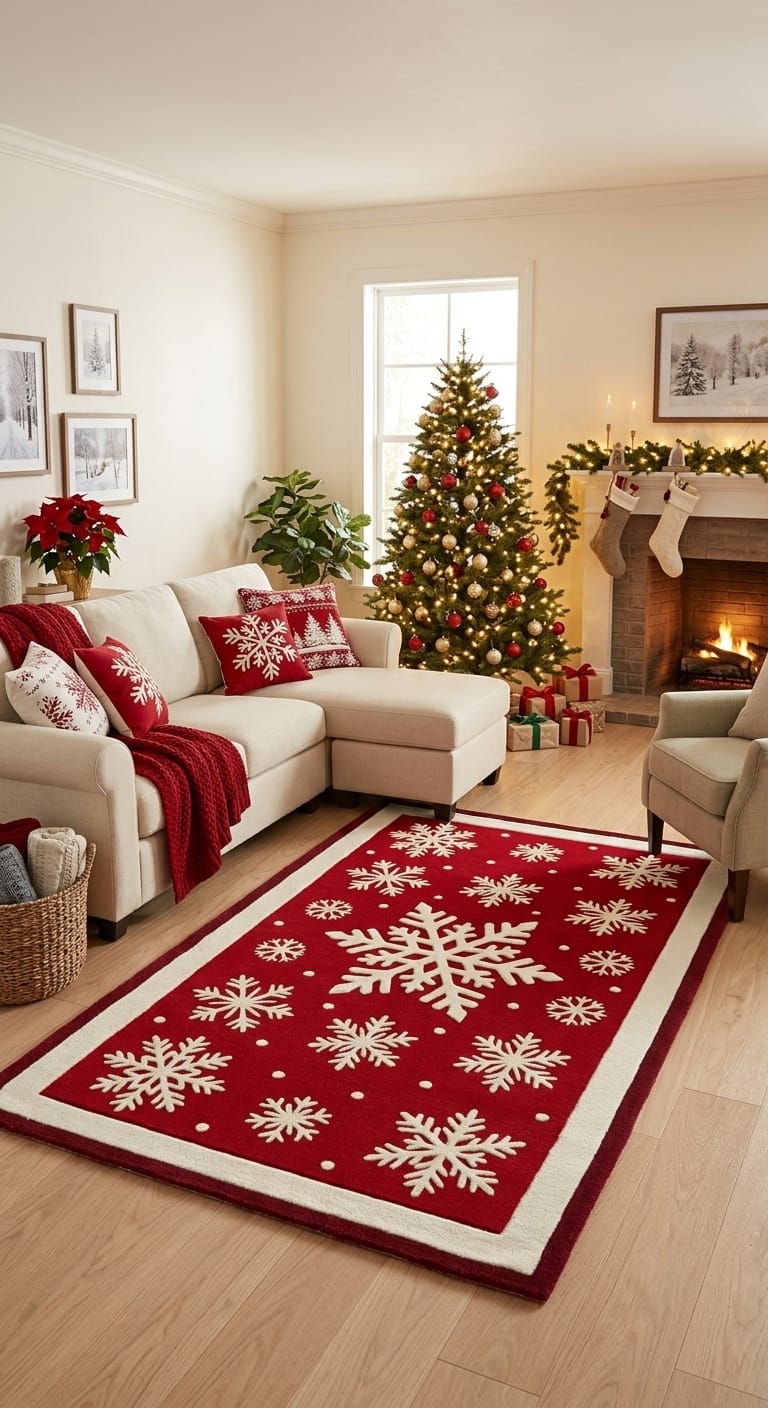 Hand-Tufted Wool Falling Snowflakes Rug - Festive Red & Cream Holiday Area Carpet