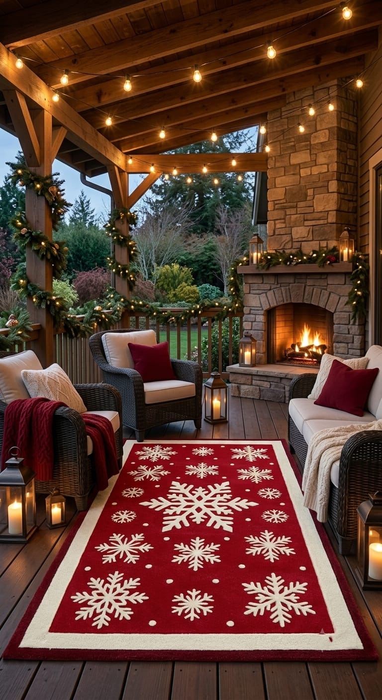 Hand-Tufted Wool Falling Snowflakes Rug - Festive Red & Cream Holiday Area Carpet
