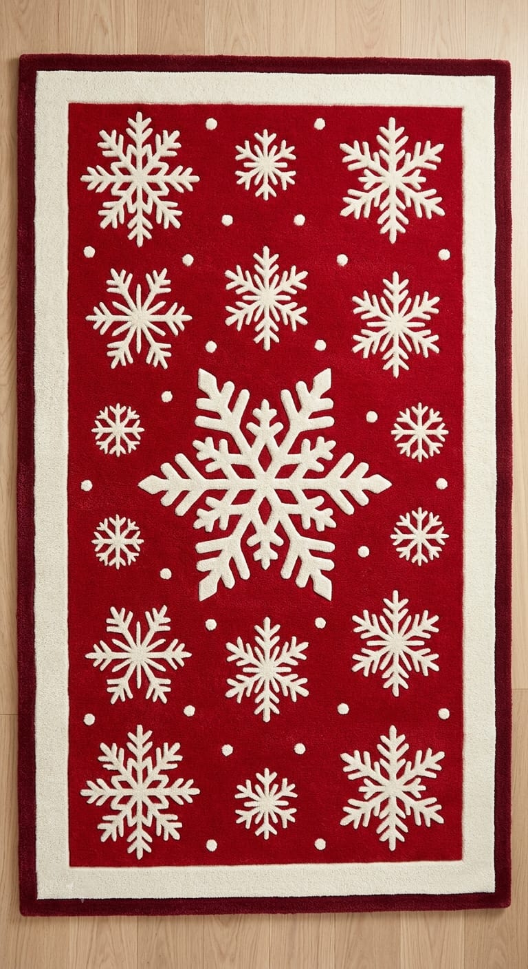 Hand-Tufted Wool Falling Snowflakes Rug - Festive Red & Cream Holiday Area Carpet