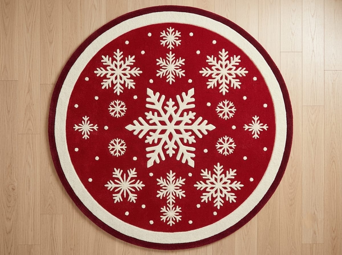 Hand-Tufted Wool Falling Snowflakes Rug - Festive Red & Cream Holiday Area Carpet