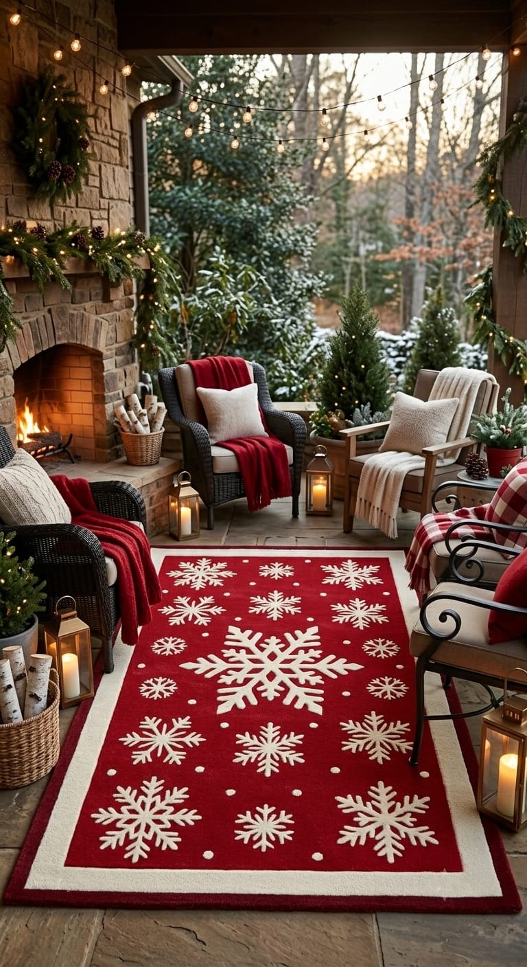 Hand-Tufted Wool Falling Snowflakes Rug - Festive Red & Cream Holiday Area Carpet