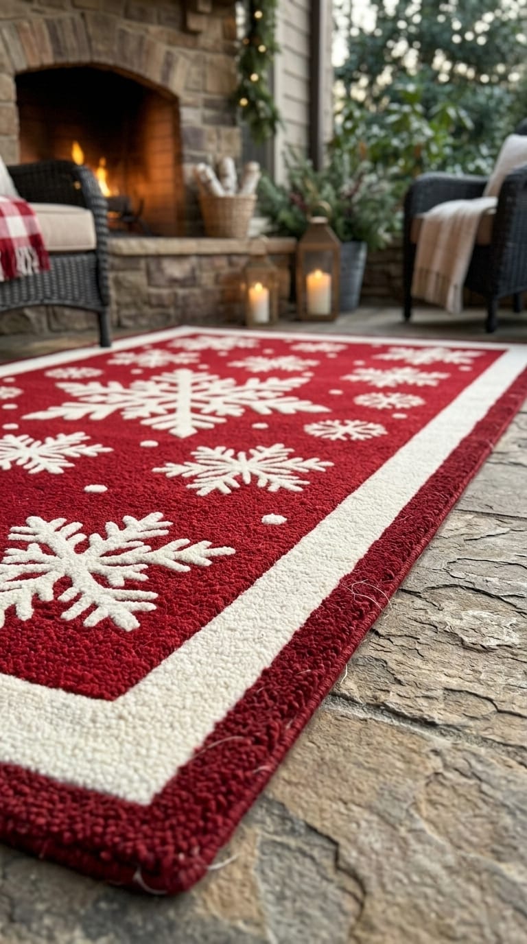 Hand-Tufted Wool Falling Snowflakes Rug - Festive Red & Cream Holiday Area Carpet