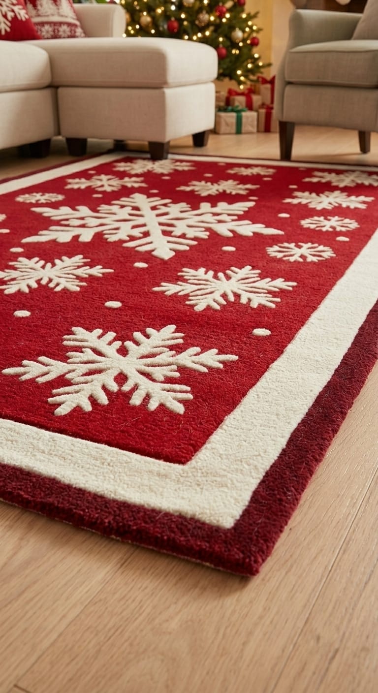 Hand-Tufted Wool Falling Snowflakes Rug - Festive Red & Cream Holiday Area Carpet