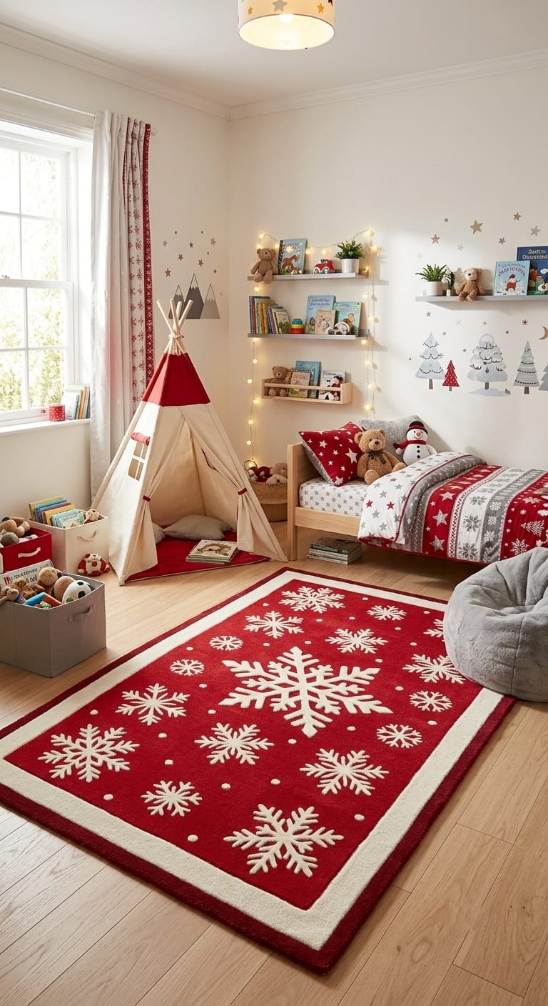 Hand-Tufted Wool Falling Snowflakes Rug - Festive Red & Cream Holiday Area Carpet