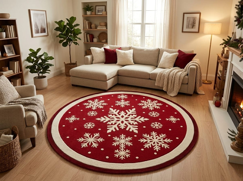 Hand-Tufted Wool Falling Snowflakes Rug - Festive Red & Cream Holiday Area Carpet