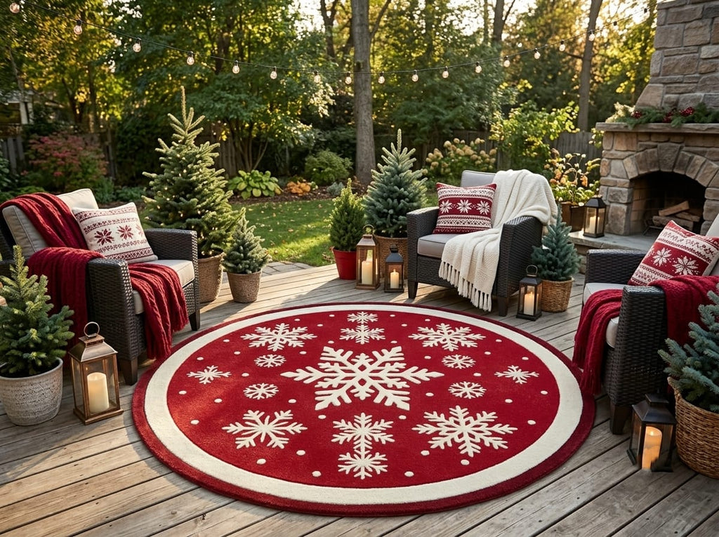 Hand-Tufted Wool Falling Snowflakes Rug - Festive Red & Cream Holiday Area Carpet