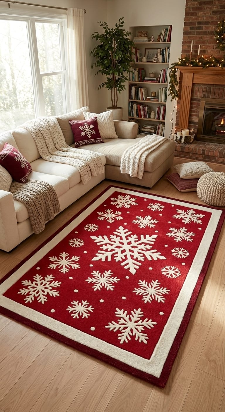Hand-Tufted Wool Falling Snowflakes Rug - Festive Red & Cream Holiday Area Carpet