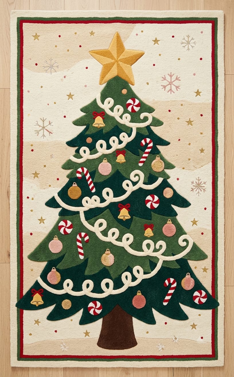 Hand-Tufted Wool Decorated Christmas Tree Rug - Cream/Green Festive Holiday Cozy Living Room Carpet