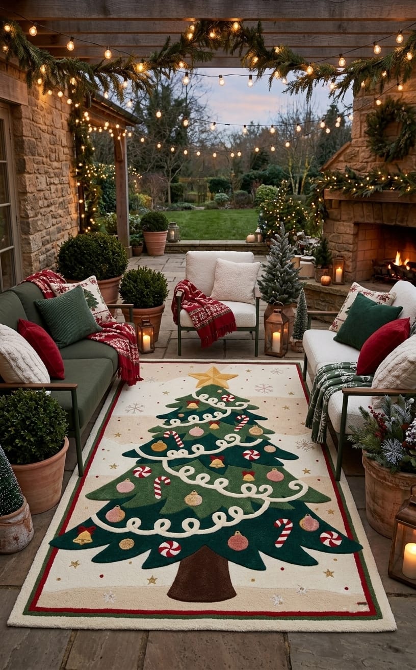 Hand-Tufted Wool Decorated Christmas Tree Rug - Cream/Green Festive Holiday Cozy Living Room Carpet