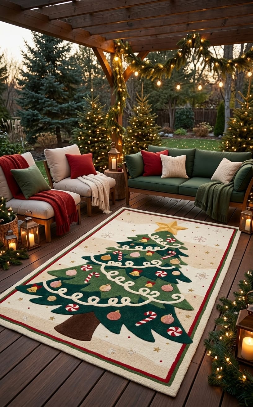 Hand-Tufted Wool Decorated Christmas Tree Rug - Cream/Green Festive Holiday Cozy Living Room Carpet