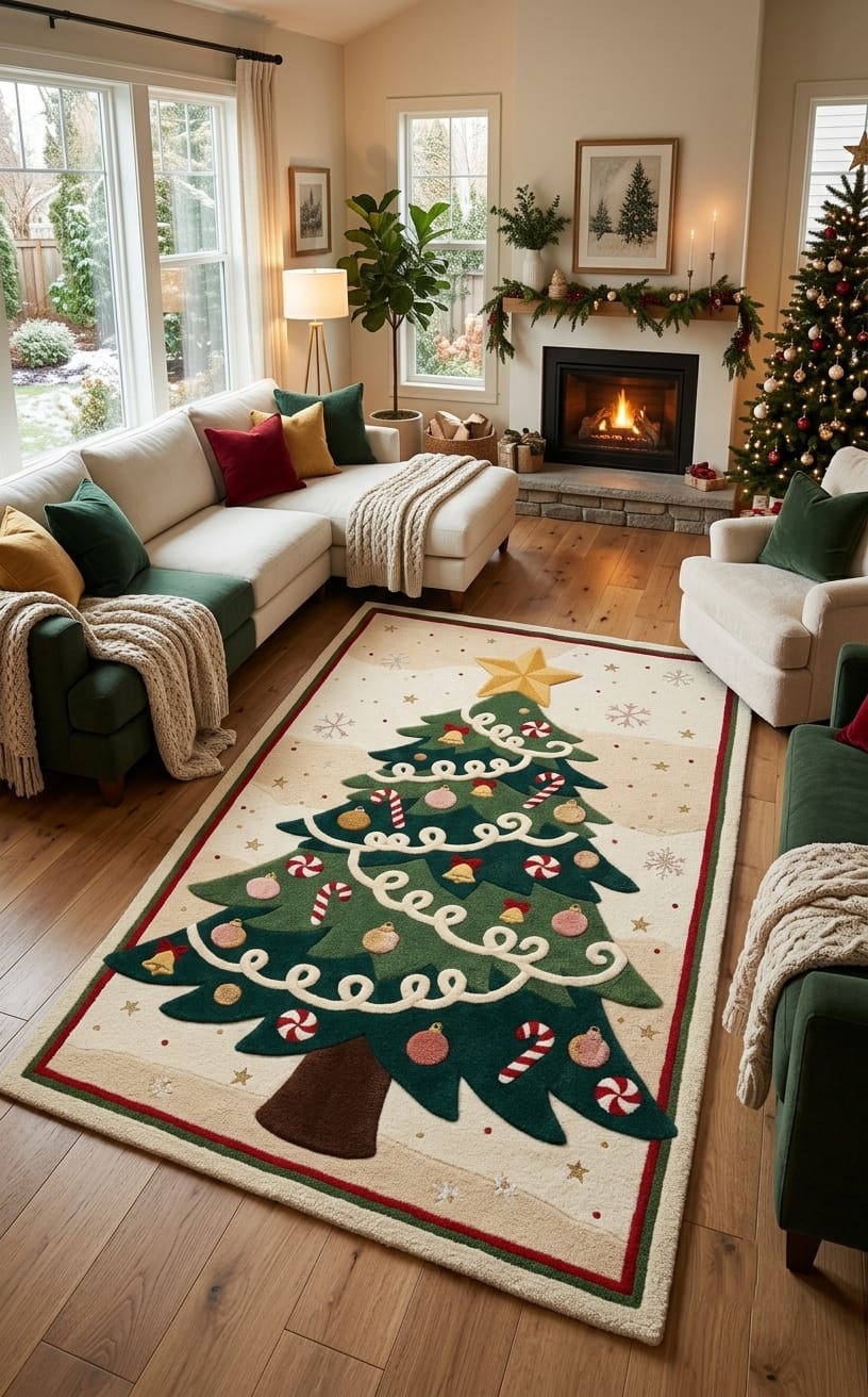 Hand-Tufted Wool Decorated Christmas Tree Rug - Cream/Green Festive Holiday Cozy Living Room Carpet