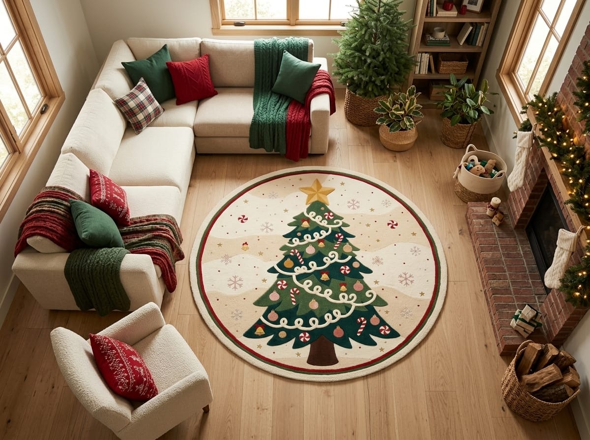 Hand-Tufted Wool Decorated Christmas Tree Rug - Cream/Green Festive Holiday Cozy Living Room Carpet