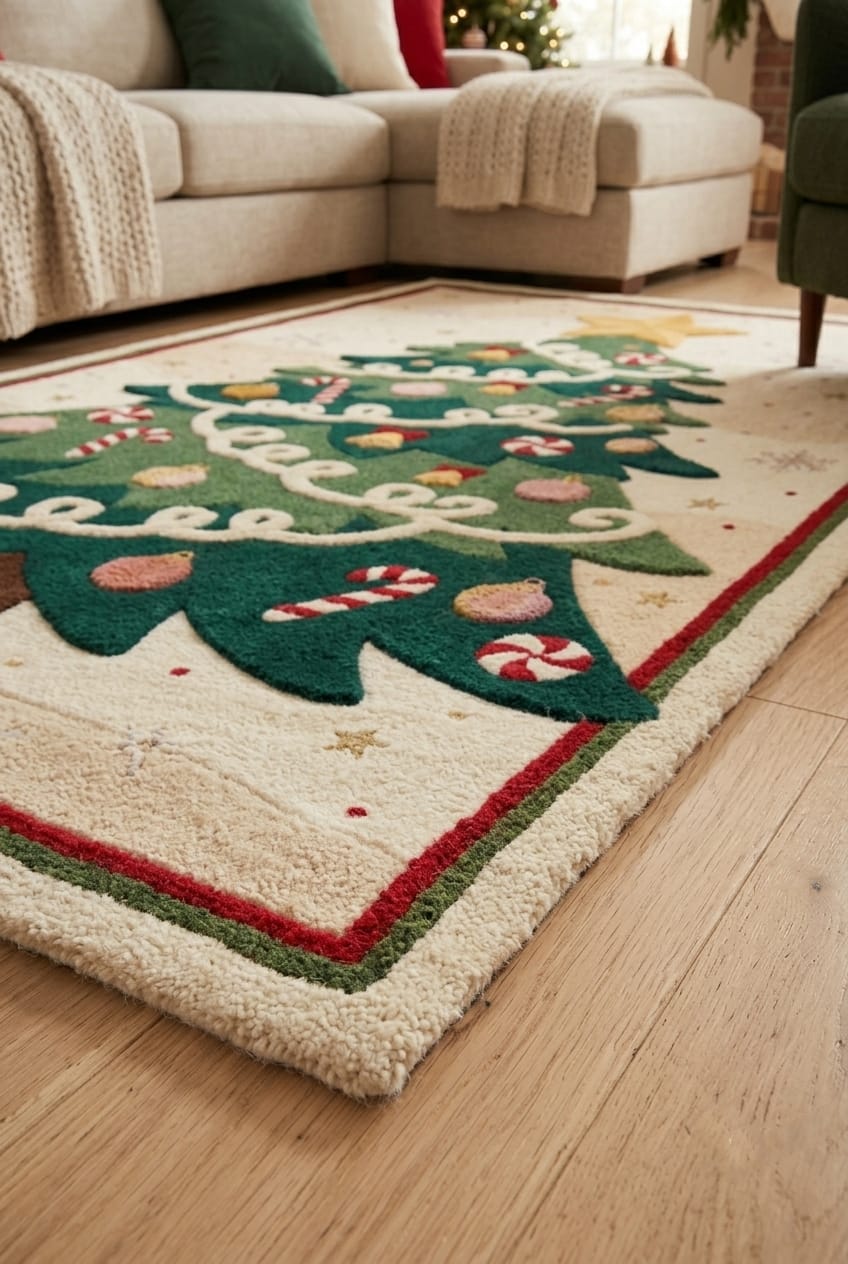 Hand-Tufted Wool Decorated Christmas Tree Rug - Cream/Green Festive Holiday Cozy Living Room Carpet