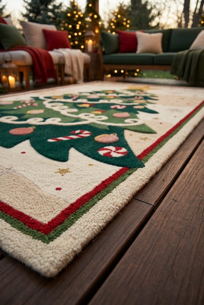 Hand-Tufted Wool Decorated Christmas Tree Rug - Cream/Green Festive Holiday Cozy Living Room Carpet