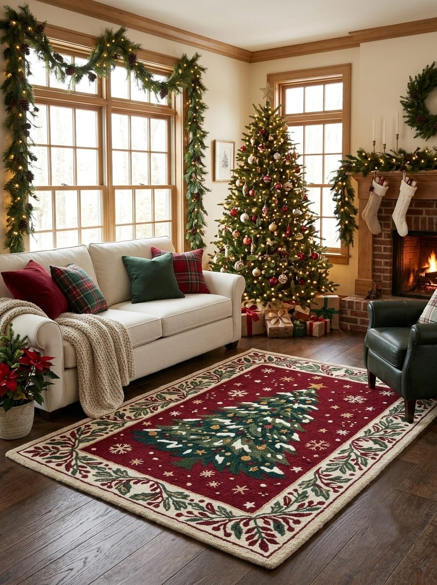 Hand-Tufted Wool Snowy Christmas Tree Rug - Burgundy Red Heritage Holiday Carpet