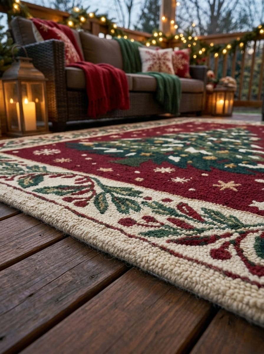 Hand-Tufted Wool Snowy Christmas Tree Rug - Burgundy Red Heritage Holiday Carpet