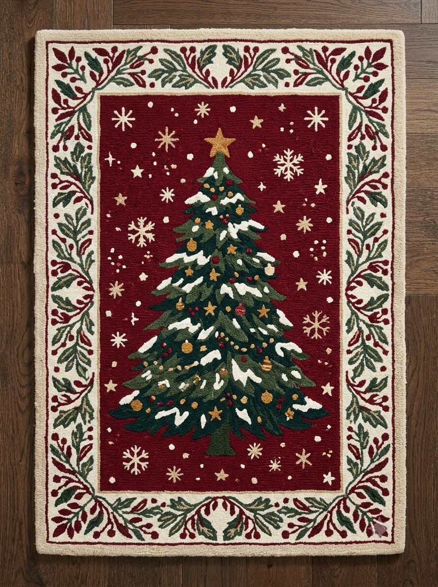 Hand-Tufted Wool Snowy Christmas Tree Rug - Burgundy Red Heritage Holiday Carpet