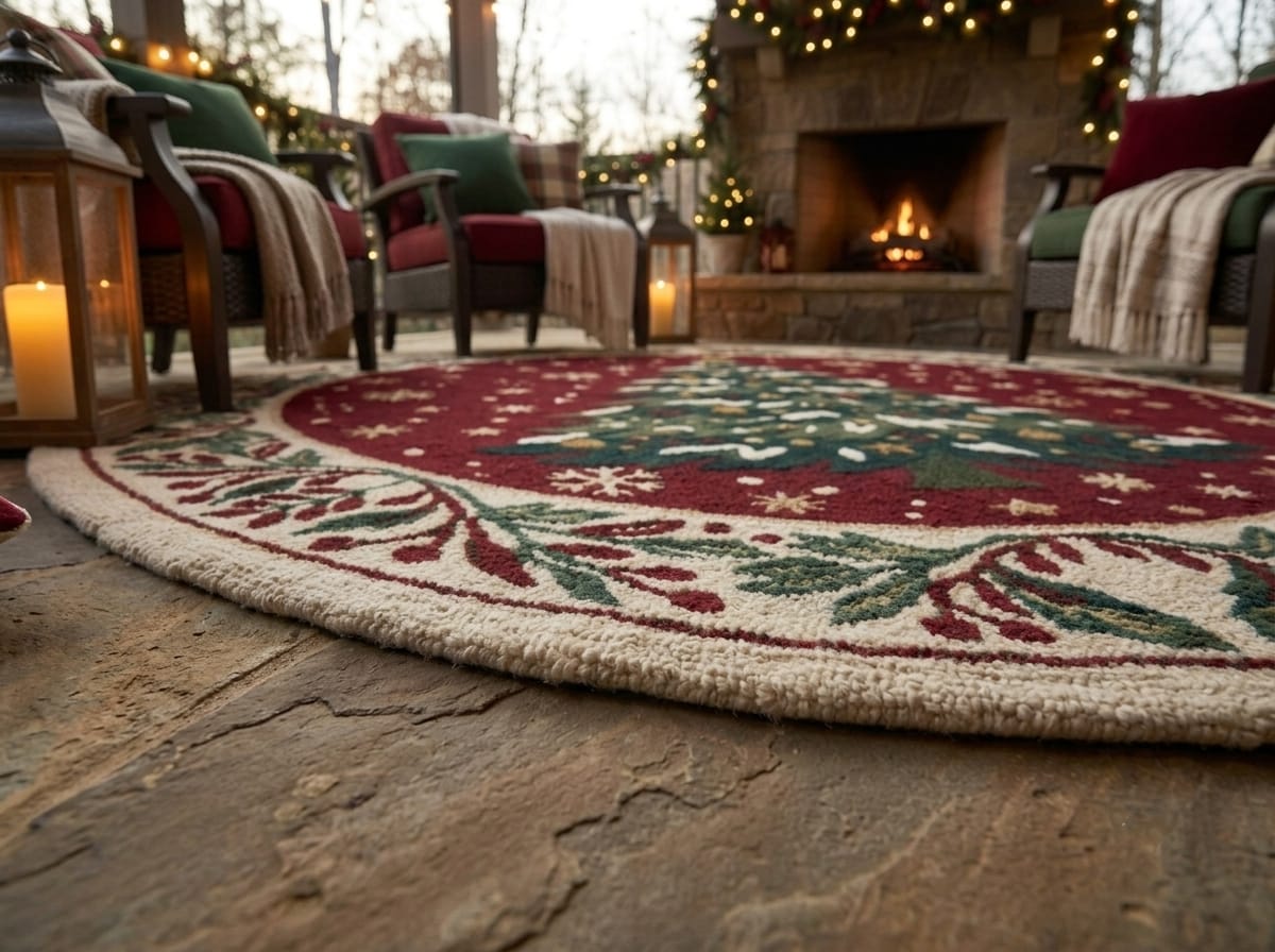 Hand-Tufted Wool Snowy Christmas Tree Rug - Burgundy Red Heritage Holiday Carpet