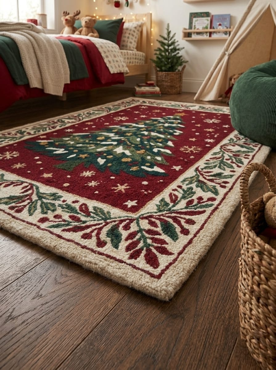 Hand-Tufted Wool Snowy Christmas Tree Rug - Burgundy Red Heritage Holiday Carpet