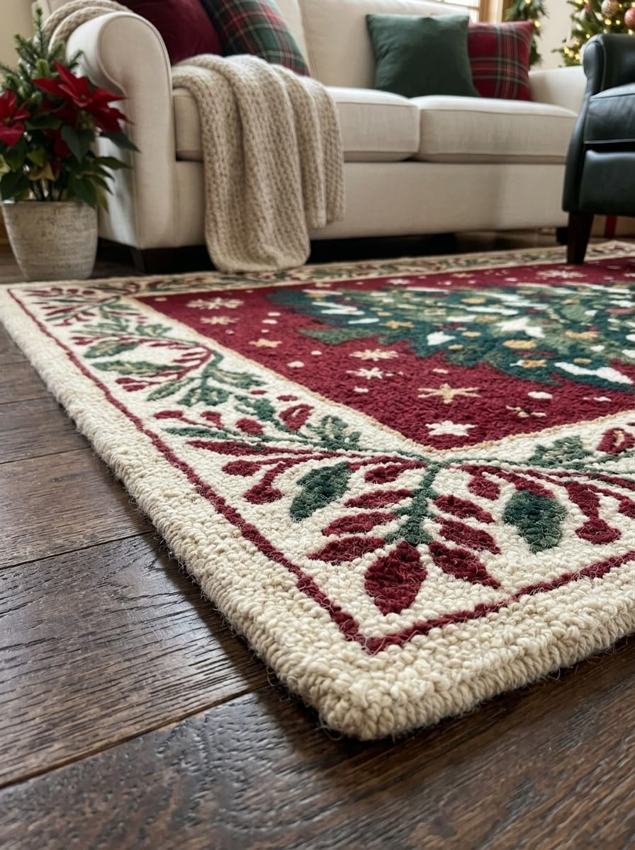 Hand-Tufted Wool Snowy Christmas Tree Rug - Burgundy Red Heritage Holiday Carpet