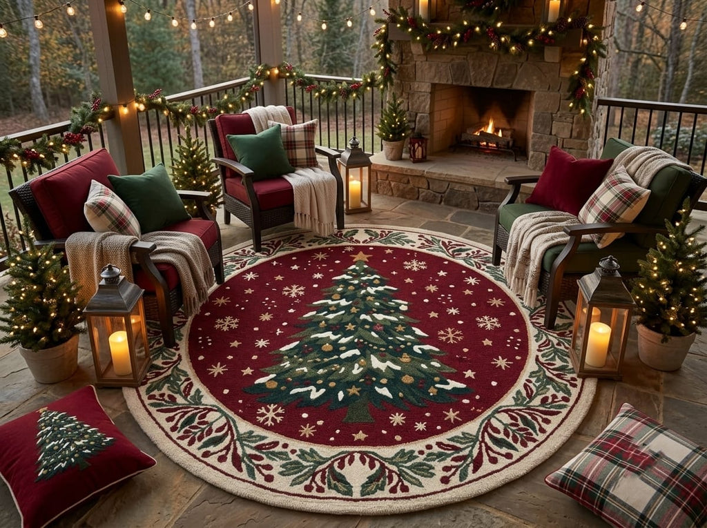 Hand-Tufted Wool Snowy Christmas Tree Rug - Burgundy Red Heritage Holiday Carpet