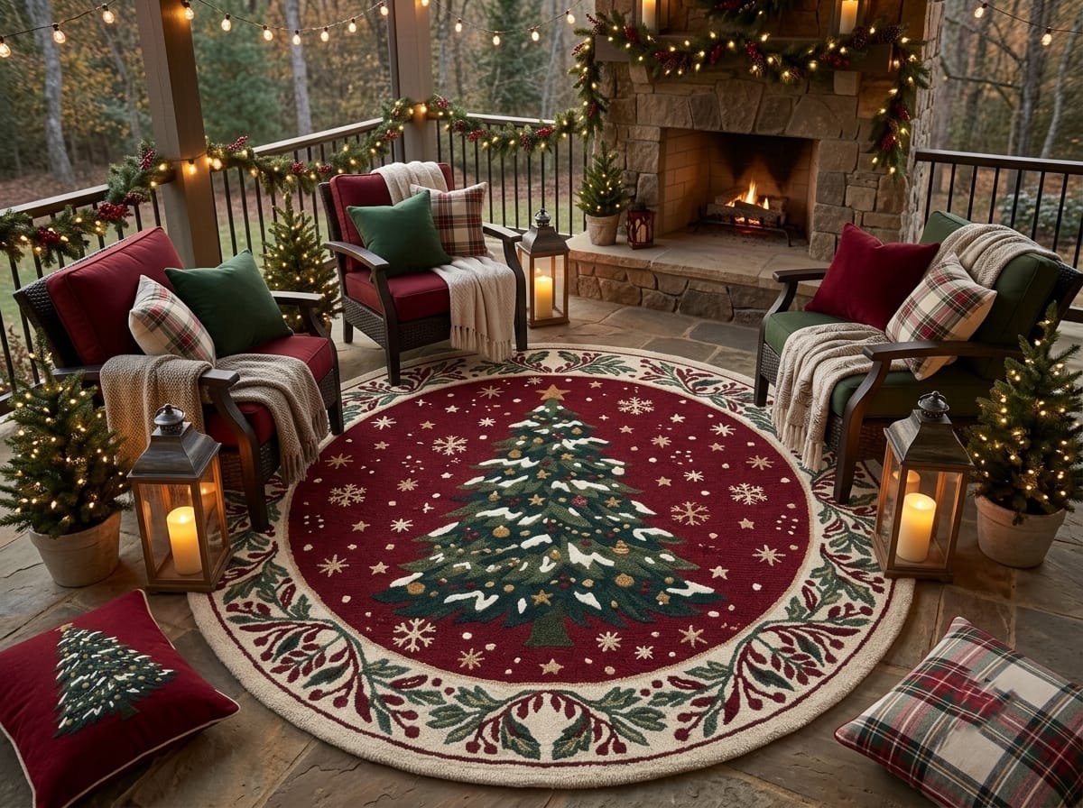 Hand-Tufted Wool Snowy Christmas Tree Rug - Burgundy Red Heritage Holiday Carpet