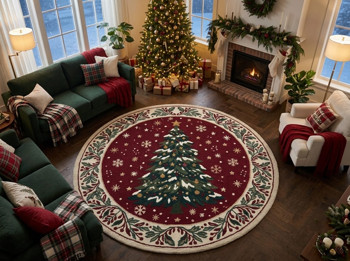 Hand-Tufted Wool Snowy Christmas Tree Rug - Burgundy Red Heritage Holiday Carpet