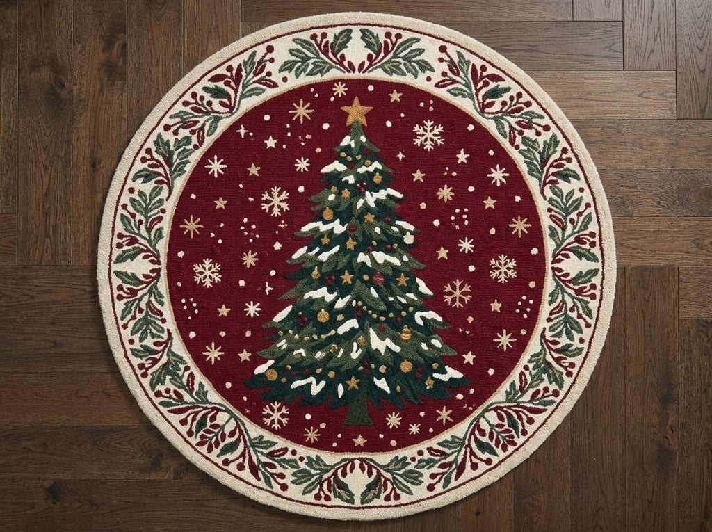 Hand-Tufted Wool Snowy Christmas Tree Rug - Burgundy Red Heritage Holiday Carpet
