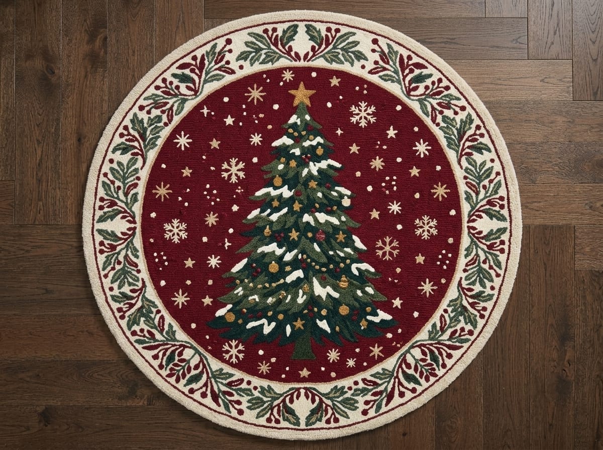 Hand-Tufted Wool Snowy Christmas Tree Rug - Burgundy Red Heritage Holiday Carpet
