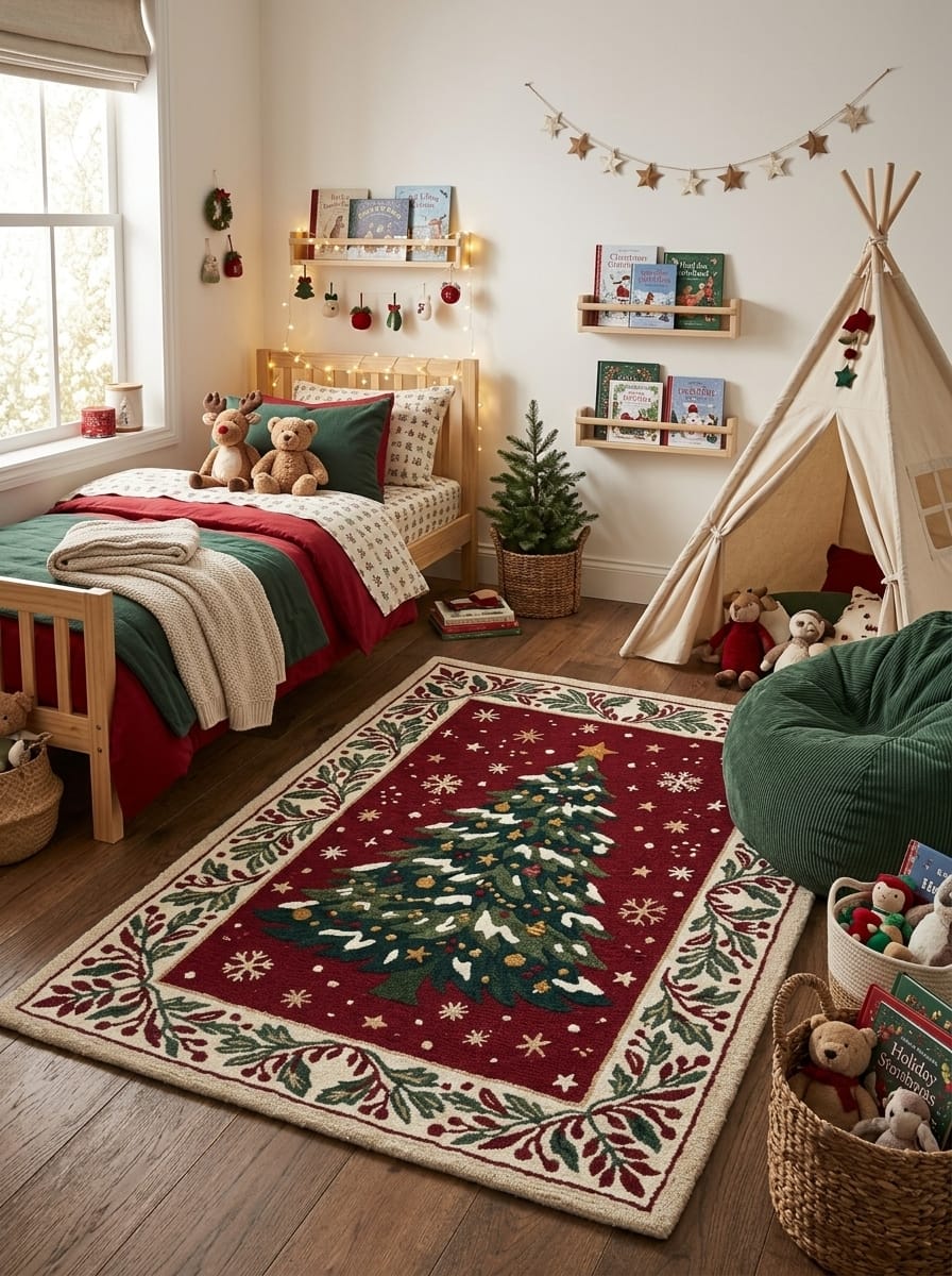 Hand-Tufted Wool Snowy Christmas Tree Rug - Burgundy Red Heritage Holiday Carpet