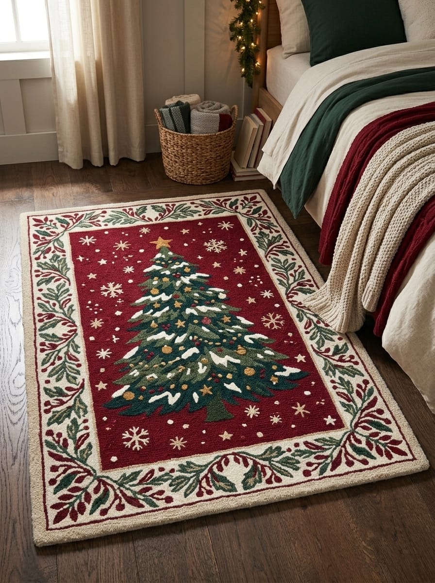 Hand-Tufted Wool Snowy Christmas Tree Rug - Burgundy Red Heritage Holiday Carpet