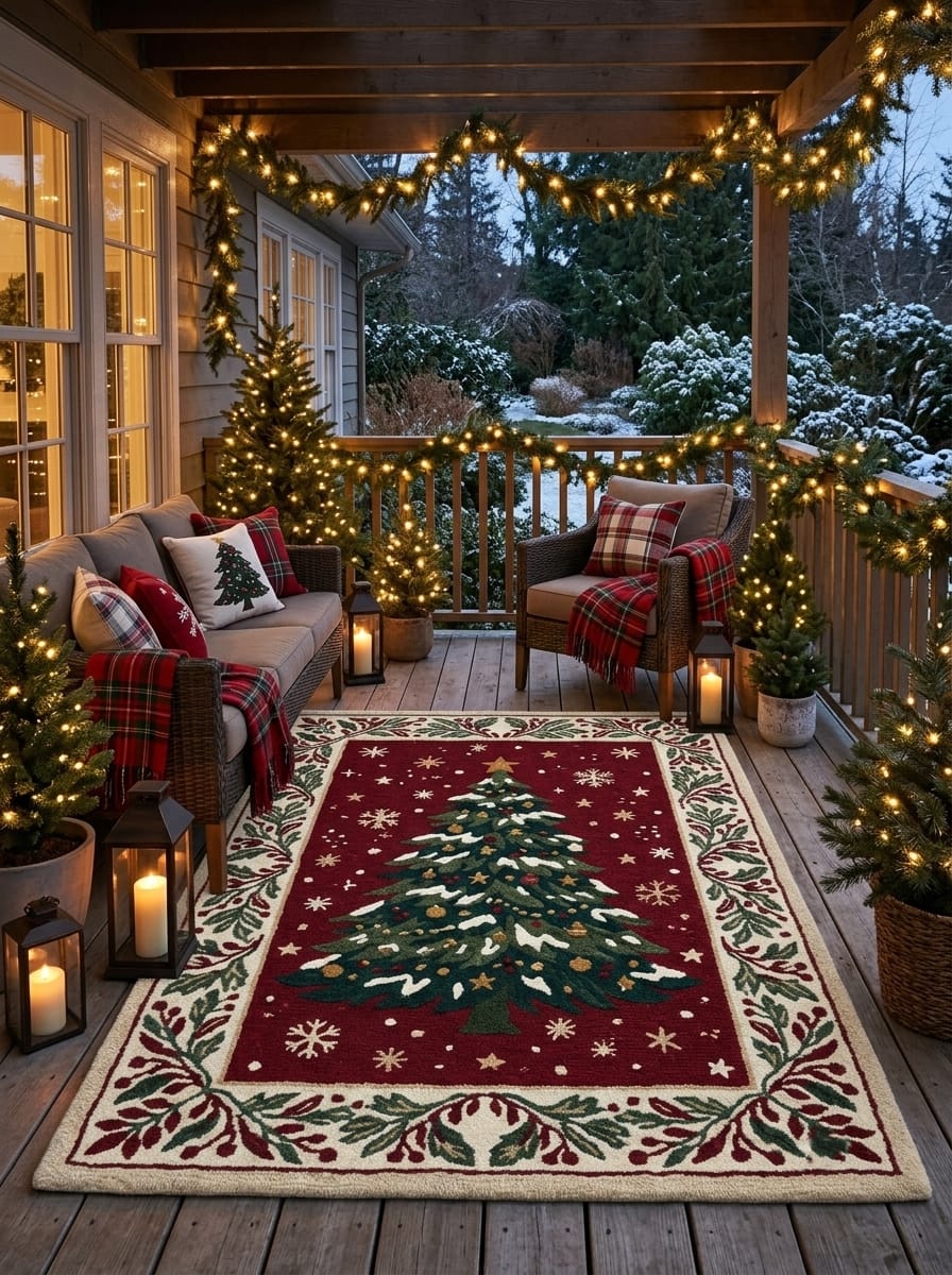 Hand-Tufted Wool Snowy Christmas Tree Rug - Burgundy Red Heritage Holiday Carpet