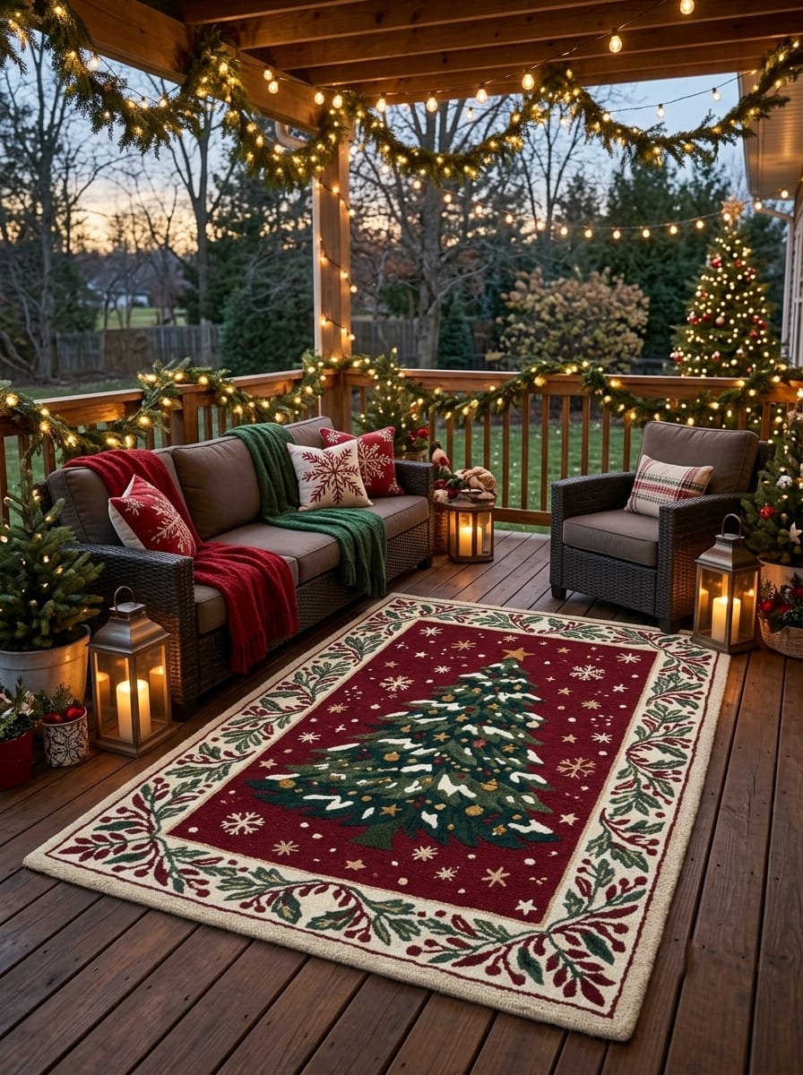 Hand-Tufted Wool Snowy Christmas Tree Rug - Burgundy Red Heritage Holiday Carpet