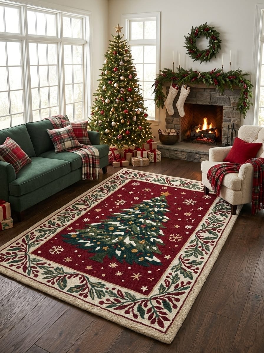 Hand-Tufted Wool Snowy Christmas Tree Rug - Burgundy Red Heritage Holiday Carpet