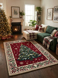 Hand-Tufted Wool Snowy Christmas Tree Rug - Burgundy Red Heritage Holiday Carpet