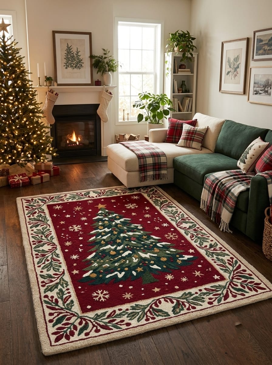 Hand-Tufted Wool Snowy Christmas Tree Rug - Burgundy Red Heritage Holiday Carpet