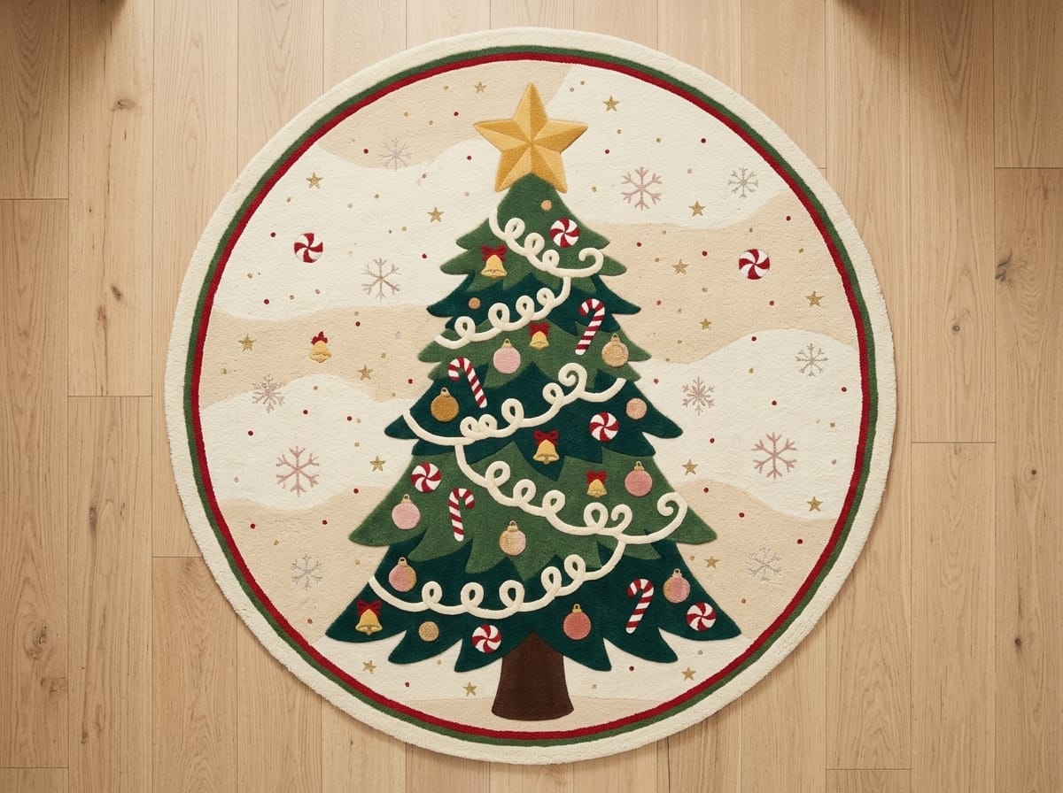 Hand-Tufted Wool Decorated Christmas Tree Rug - Cream/Green Festive Holiday Cozy Living Room Carpet