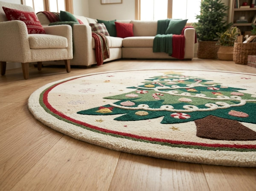Hand-Tufted Wool Decorated Christmas Tree Rug - Cream/Green Festive Holiday Cozy Living Room Carpet