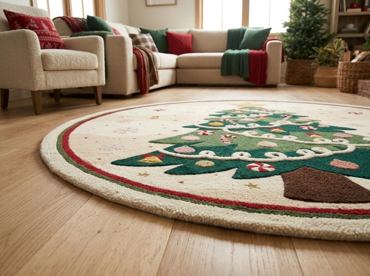 Hand-Tufted Wool Decorated Christmas Tree Rug - Cream/Green Festive Holiday Cozy Living Room Carpet