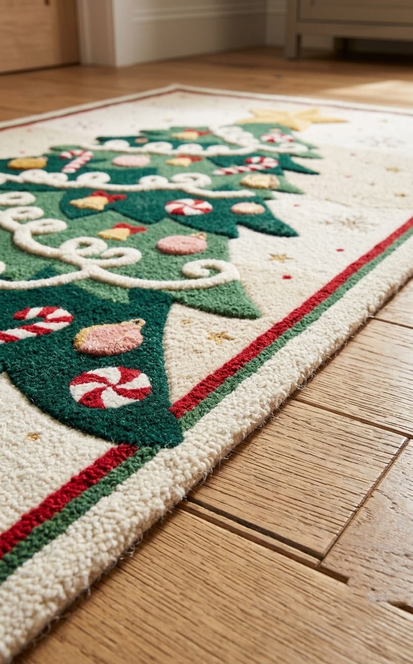 Hand-Tufted Wool Decorated Christmas Tree Rug - Cream/Green Festive Holiday Cozy Living Room Carpet